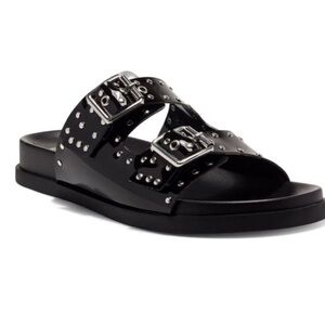Vince Camuto Black Studded Pavey Round Toe Slip On Sandals Women’s 7.5